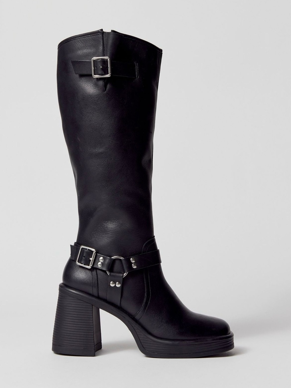Steve Madden Black Leather Knee-High Buckle Riding Boots